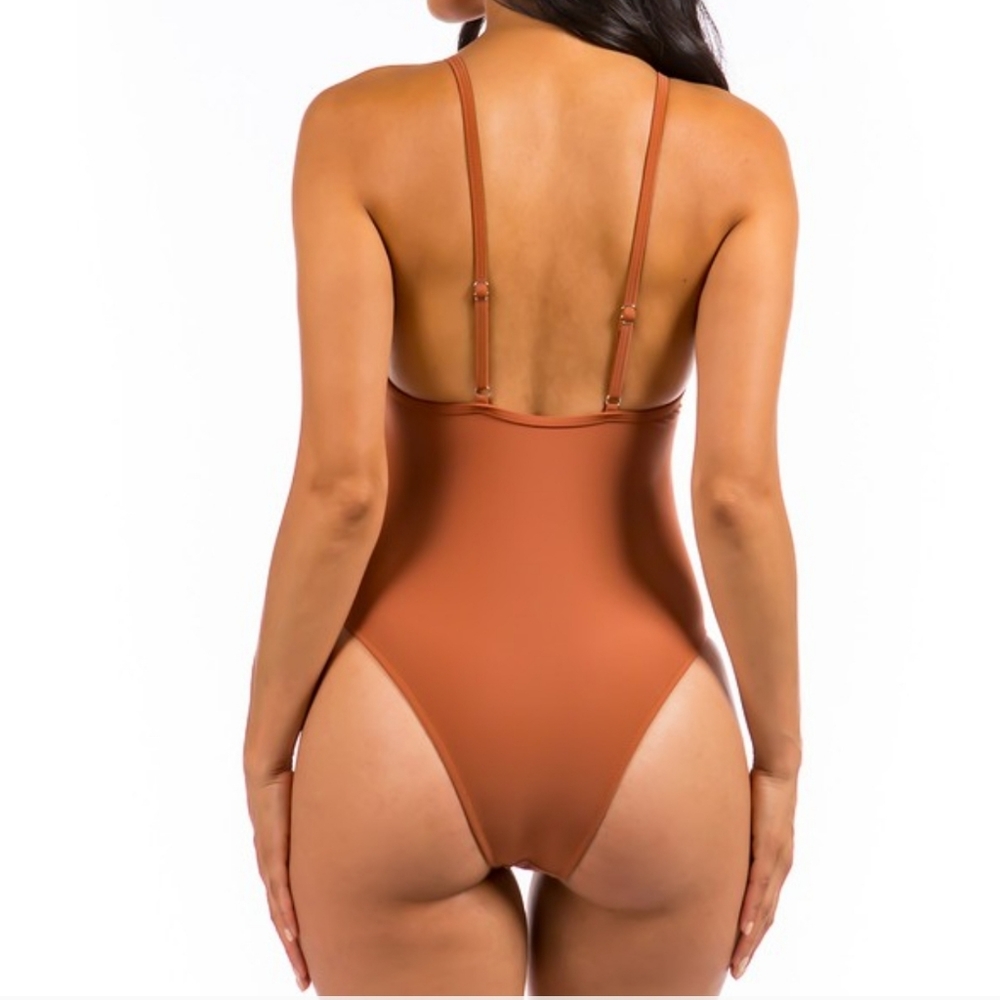 BROWN ONE PIECE MESH CUT OUT BATHING SUIT - Picture 2 of 3